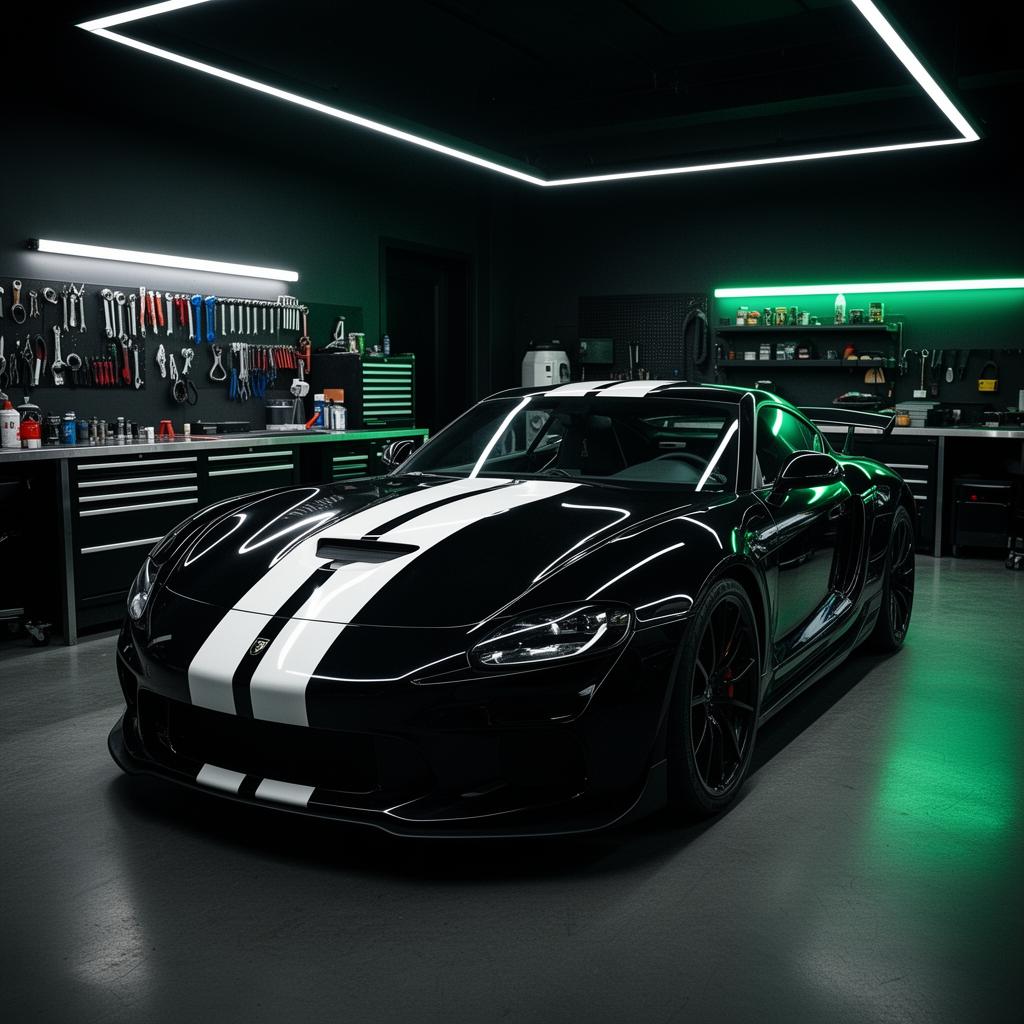 Sports car with custom racing stripes installed at Tint & Wraps Customs in Van Nuys