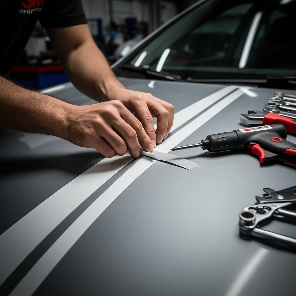 3M Knifeless Tape precision application for racing stripes at Tint & Wraps Customs